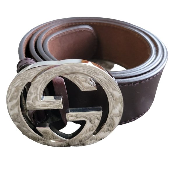 Gucci Brown Leather Silver Interlocking G Belt Buckle 90/36